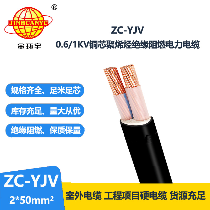 金环宇电线电缆 电力电缆yjv  ZC-YJV 2X50平方 阻燃yjv电缆报价